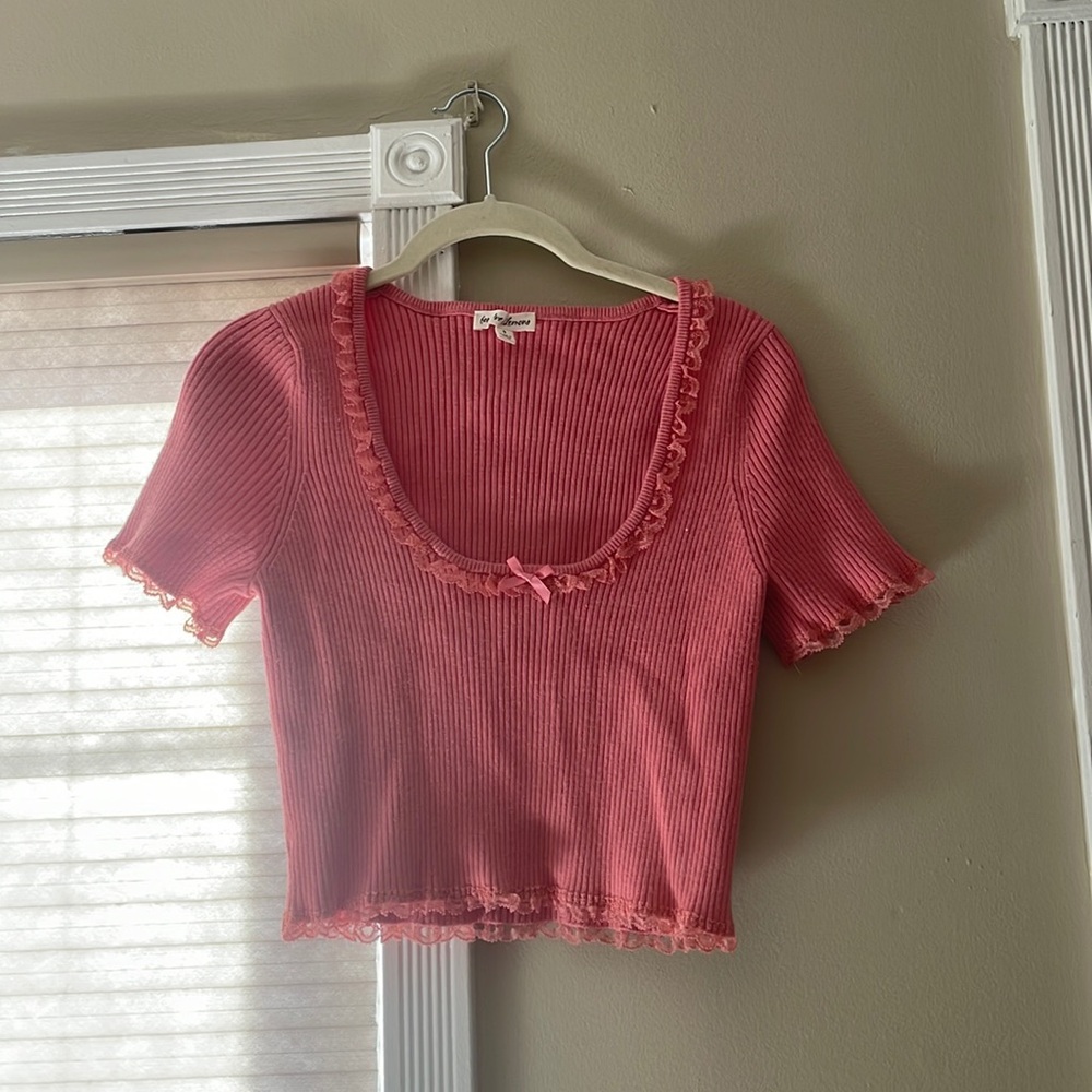 For Love and Lemons Cropped Ribbed Ruffled Trim Top